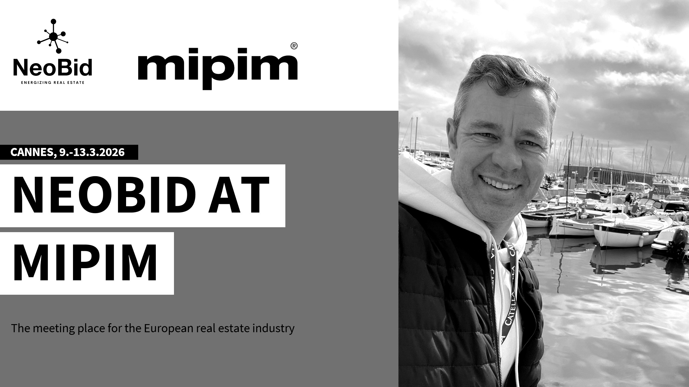 NeoBid announcement for MIPIM in Cannes from 9 to 13 March 2026, with a portrait at the harbour.