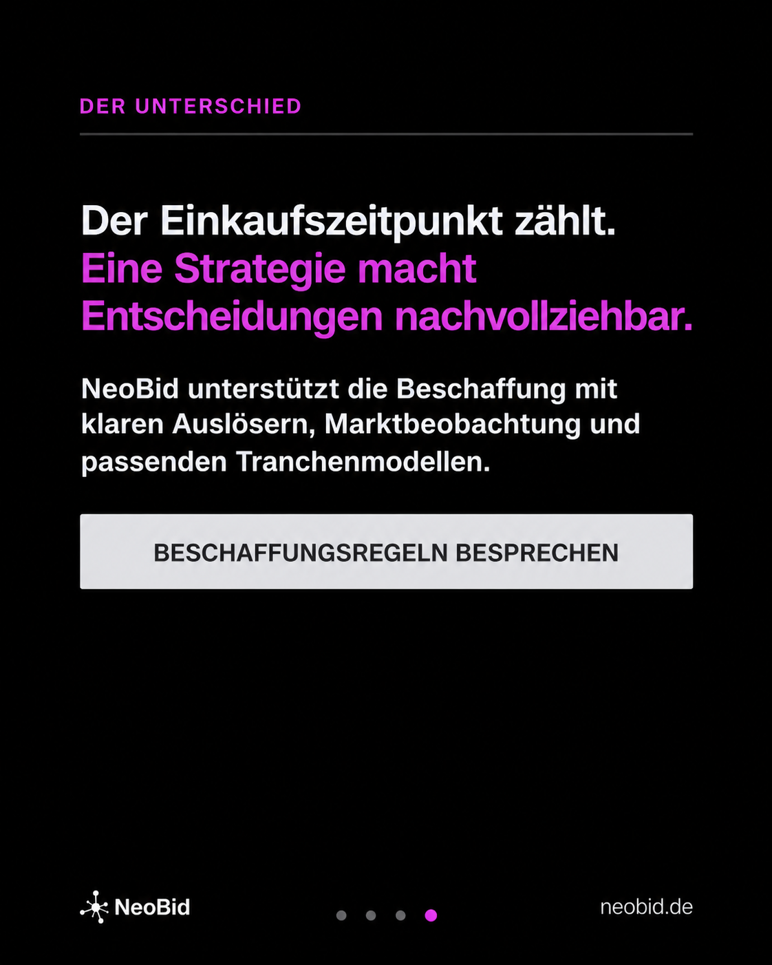 Nachvollziehbare Beschaffungsregeln mit NeoBid: Auslöser, Marktbeobachtung und passende Tranchenmodelle.