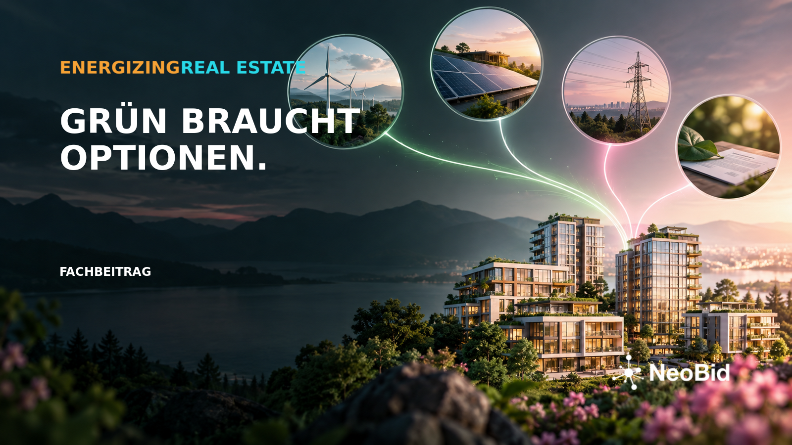 Illustration of a property neighbourhood with connected energy options and the heading “Green needs options”.