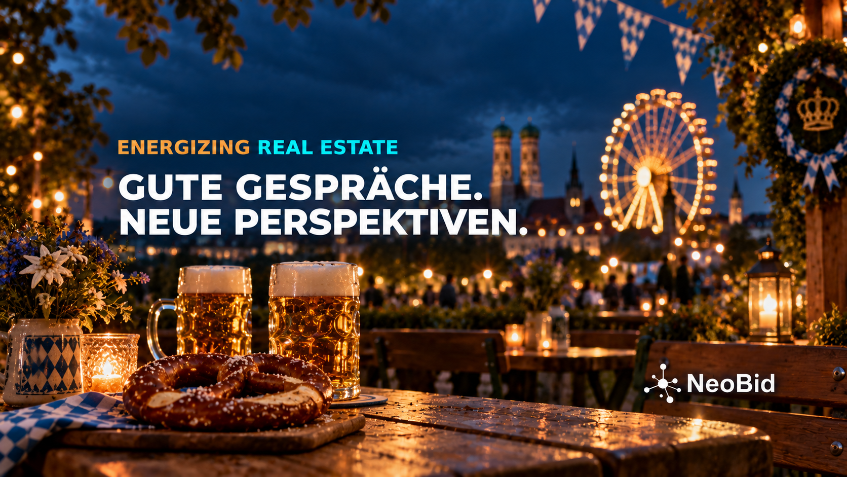 Bavarian beer garden with pretzel, beer steins and Ferris wheel: good conversations and new perspectives with NeoBid.