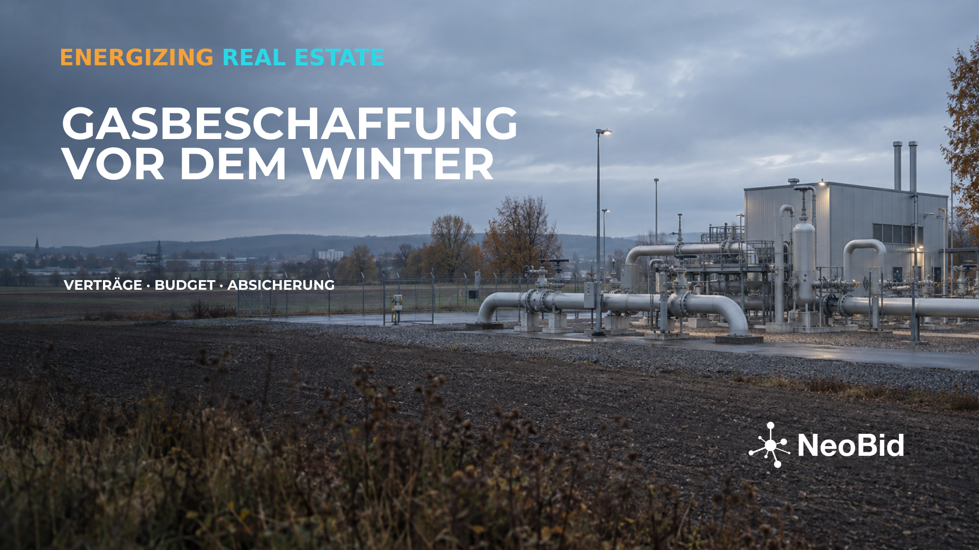 Gas procurement before winter: AI-generated illustrative image of a gas storage facility in autumn.