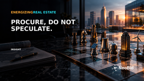 Chessboard with building-shaped pieces against a city skyline, captioned “Procure, do not speculate.”