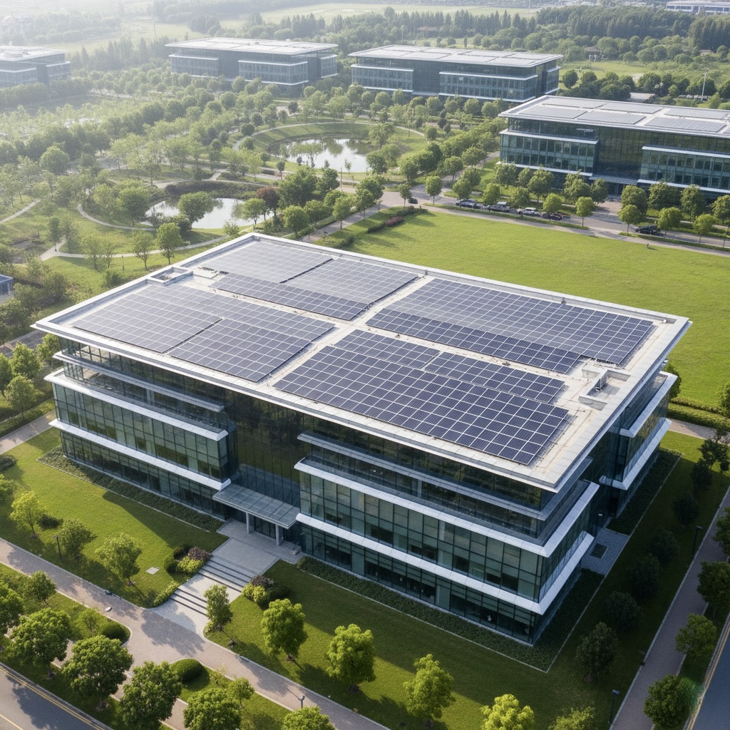 Office building with extensive rooftop photovoltaics, surrounded by green space.