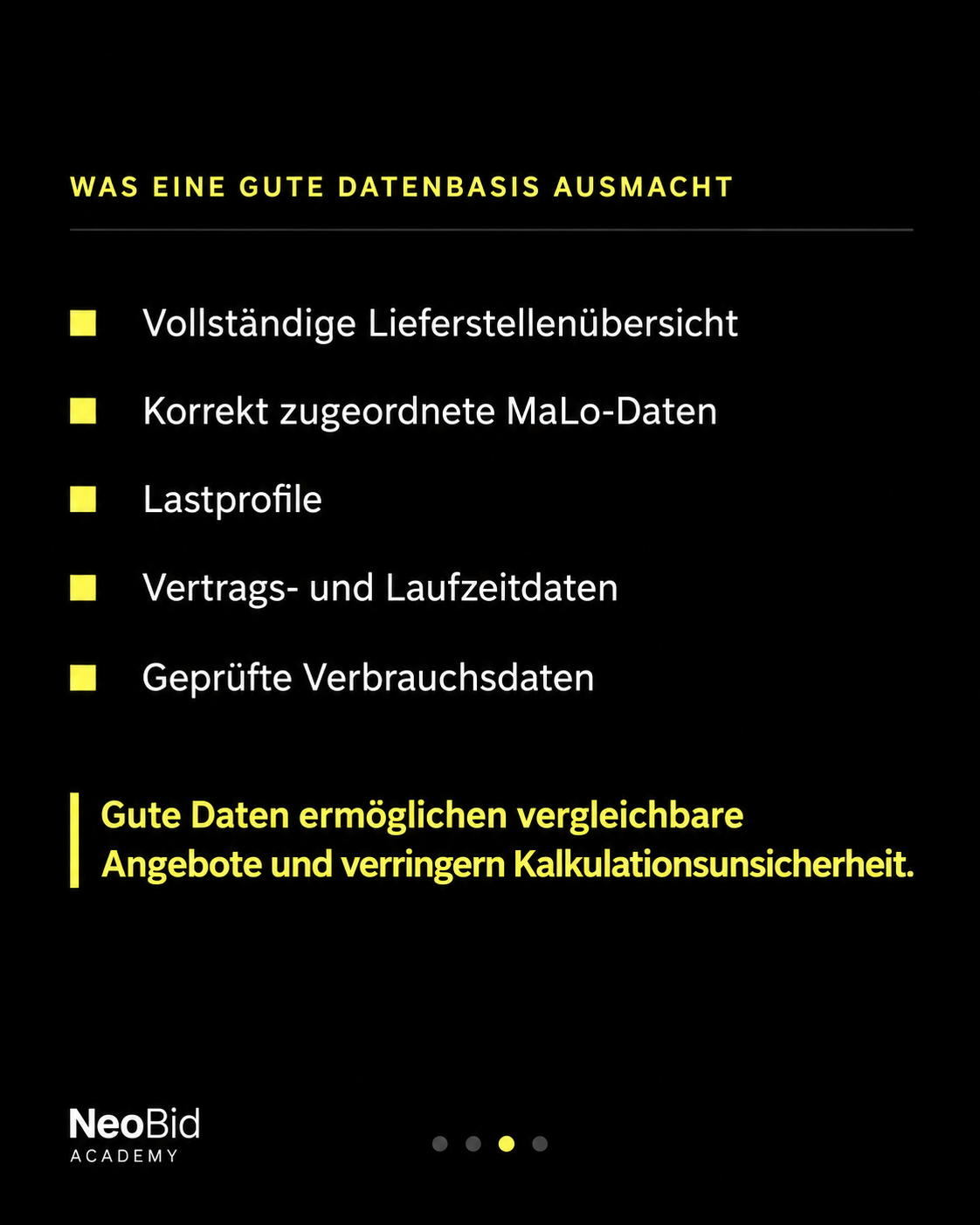 Fünf Bausteine einer guten Datenbasis: Lieferstellen, MaLo-Zuordnung, Lastprofile, Vertragsdaten und geprüfte Verbrauchswerte.
