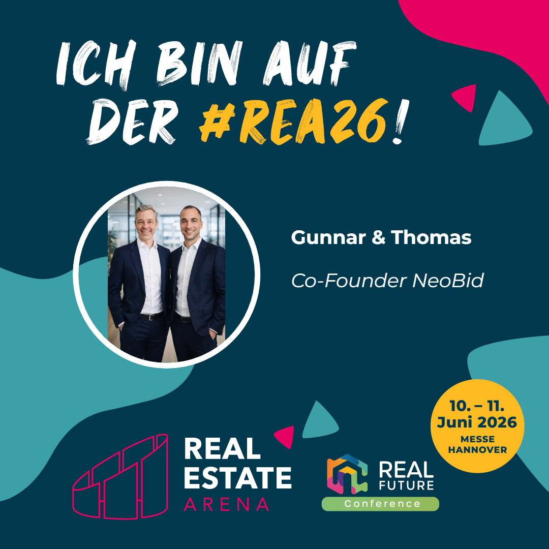 Announcement for Real Estate Arena on 10 and 11 June 2026 in Hanover, featuring Gunnar and Thomas from NeoBid.
