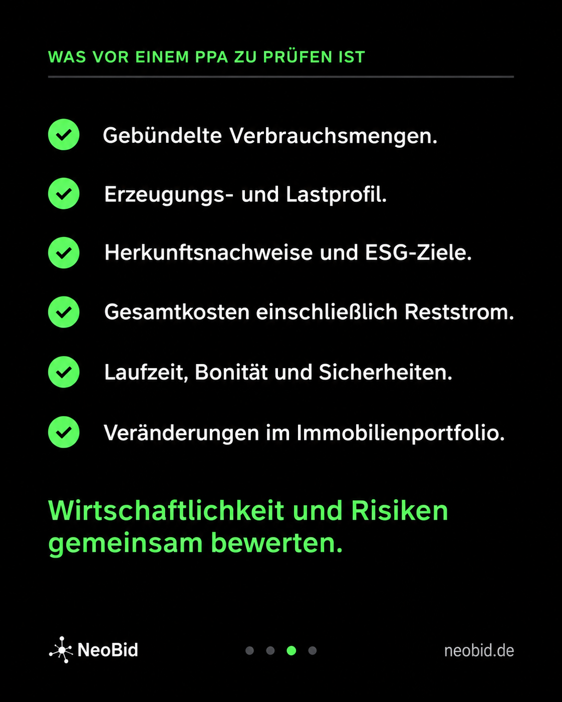PPA-Prüfkriterien: Mengen, Lastprofil, Herkunftsnachweise, Gesamtkosten, Laufzeit und Portfoliostruktur.