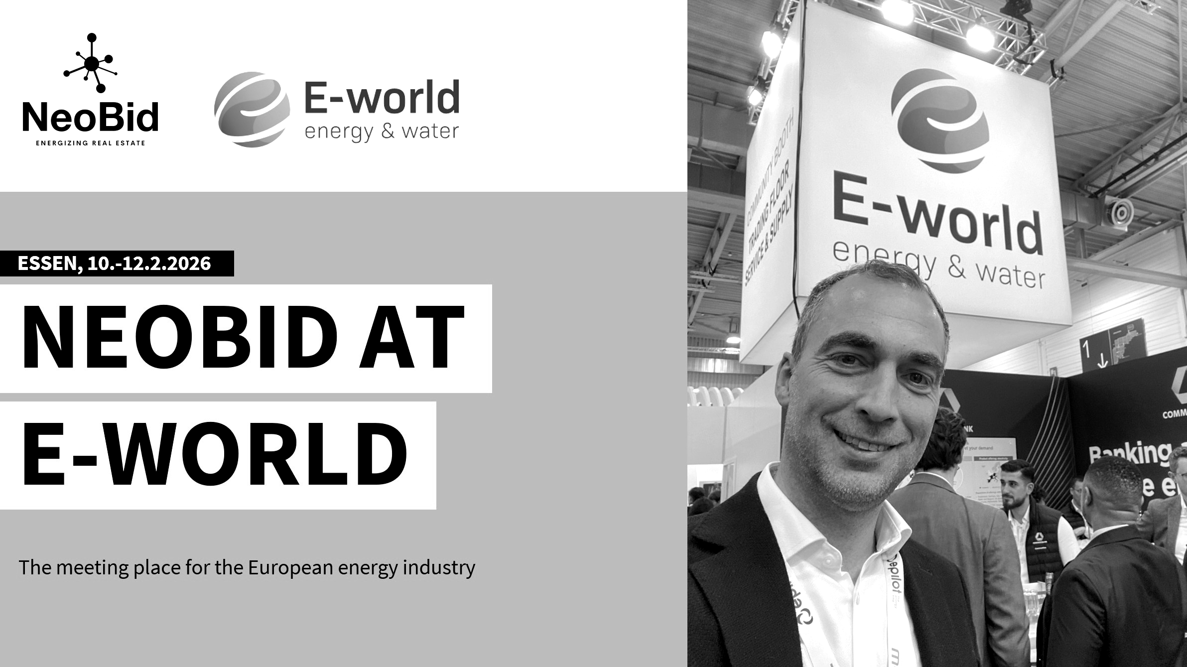 NeoBid graphic for E-world in Essen from 10 to 12 February 2026, with a portrait in front of the event logo.