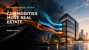 Illustrated office building with energy light trails and the heading “Commodities move real estate”.