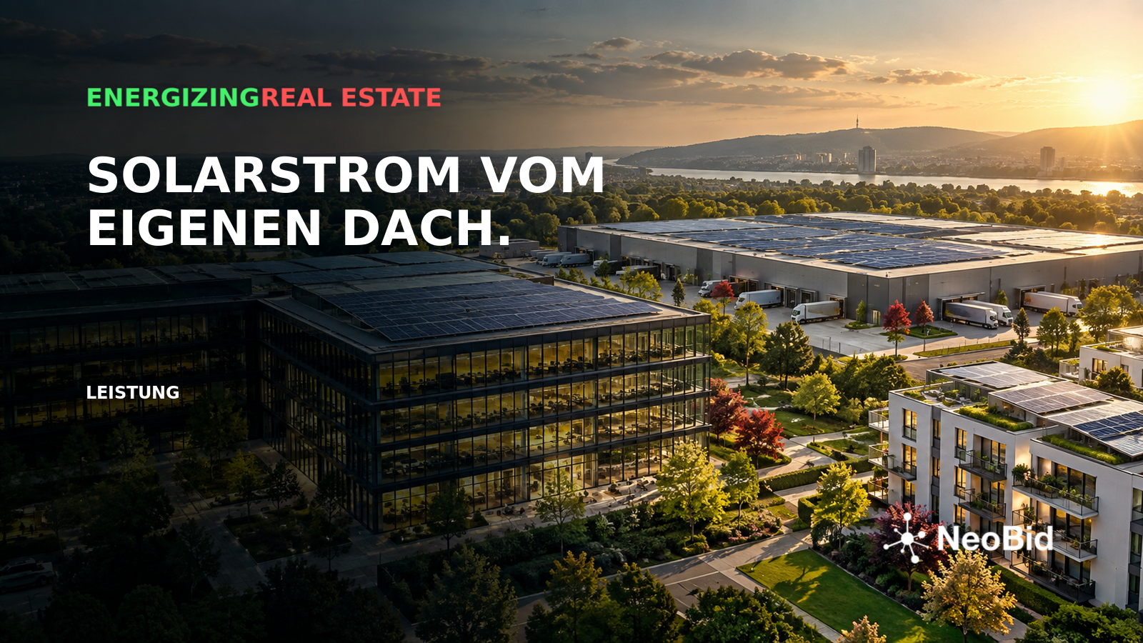 Commercial properties with rooftop photovoltaic systems in evening light.