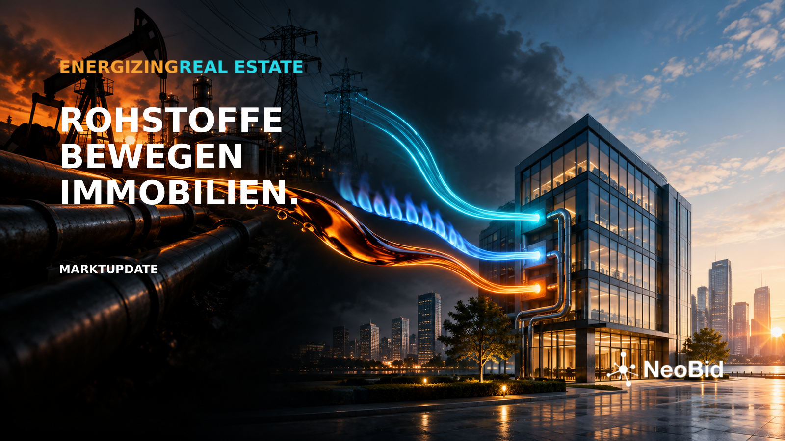 Illustration of an office building with energy light trails and the heading “Commodities move property”.