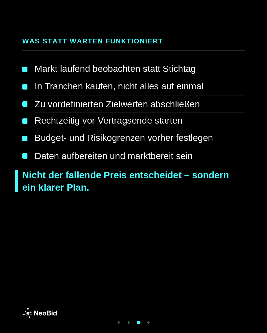 NeoBid-Grafik mit sechs Bausteinen der Energiebeschaffung: Marktbeobachtung, Tranchen, Zielwerte, Vorlauf, Risikogrenzen und vorbereitete Daten.