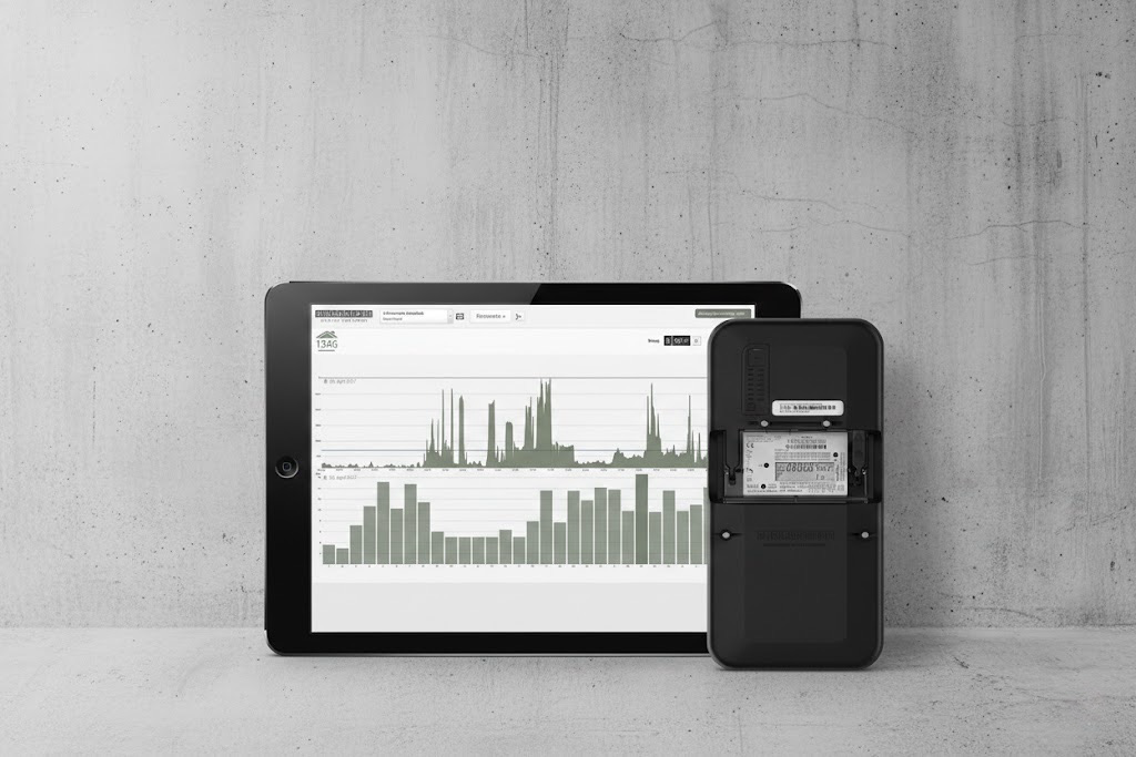 Digital electricity meter in front of a tablet displaying consumption analysis charts.