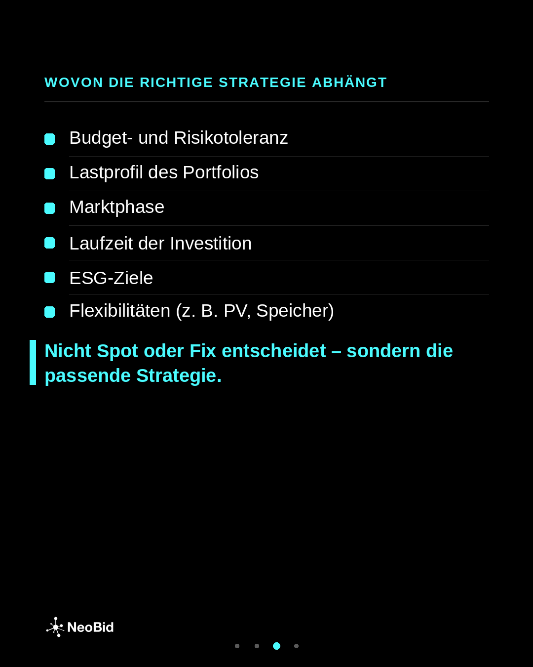 Strategiekriterien: Budgetrisiko, Lastprofil, Marktphase, Haltedauer, ESG und Flexibilität.