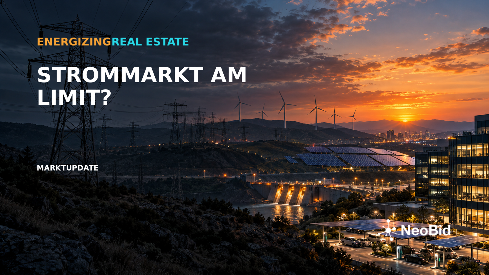 Power lines, wind turbines and illuminated buildings at sunset, with the question “Electricity market at its limit?”.