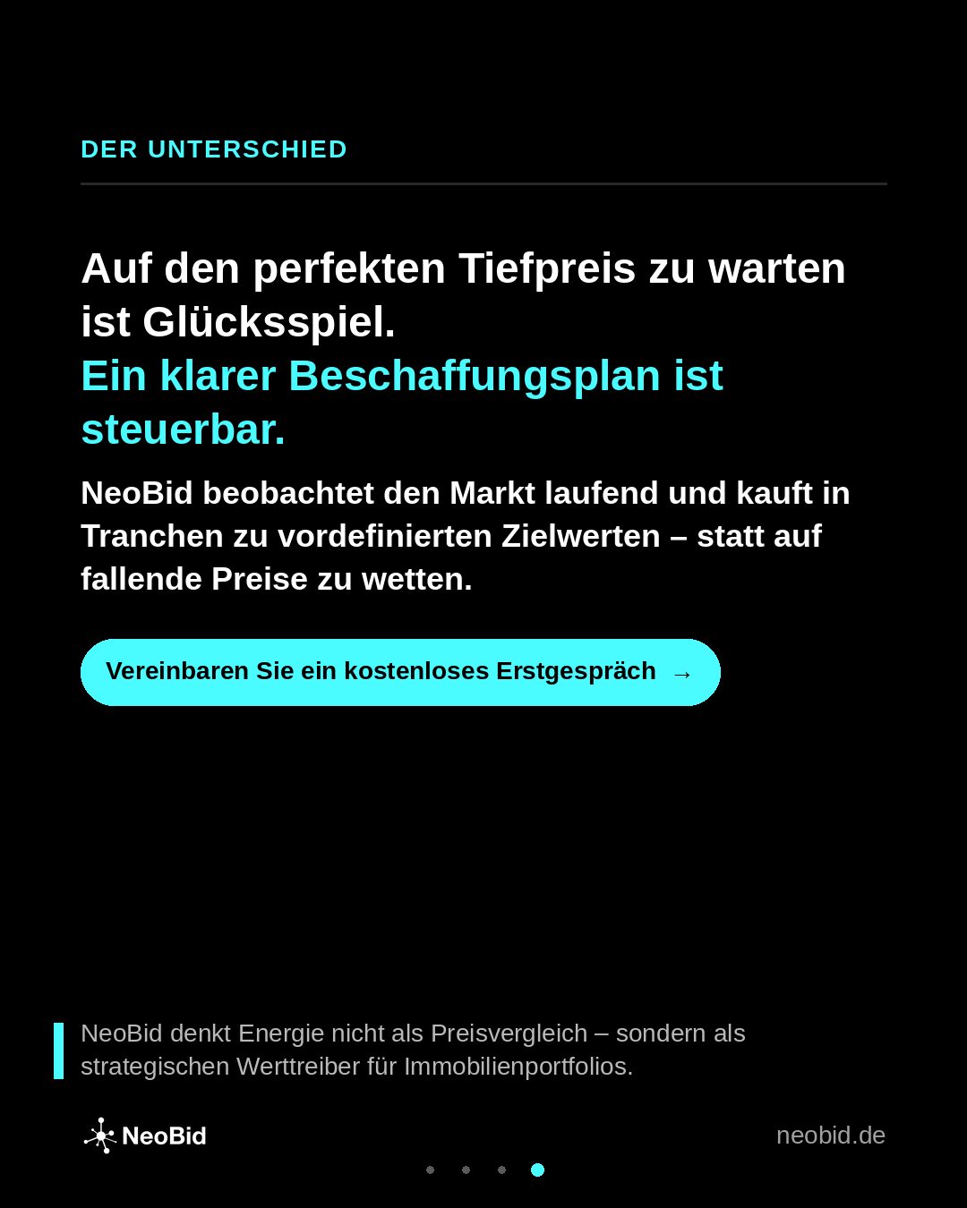 NeoBid-Grafik zur Umsetzung eines steuerbaren Beschaffungsplans mit Marktbeobachtung, Tranchen und definierten Zielwerten.