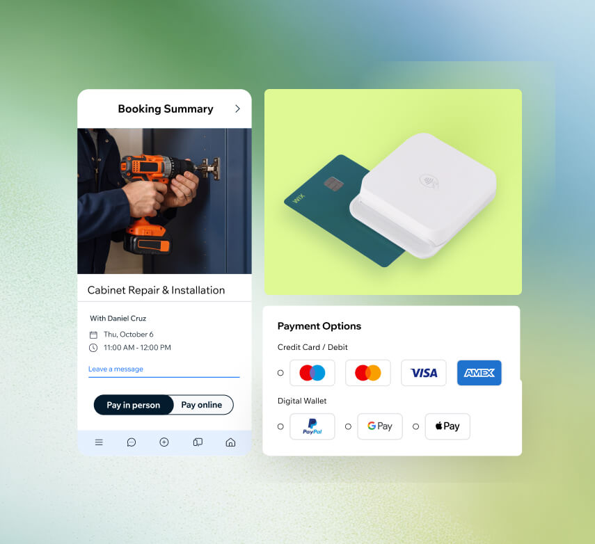 Wix booking summary for cabinet repair service with payment options including credit cards, PayPal, Google Pay, and Apple Pay
