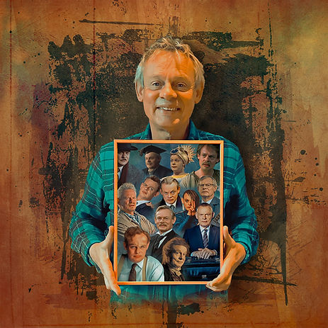 A Man and His Characters – Simo Arshara artwork for Martin Clunes tribute – Martin Clunes holding a painting featuring some characters he has portrayed