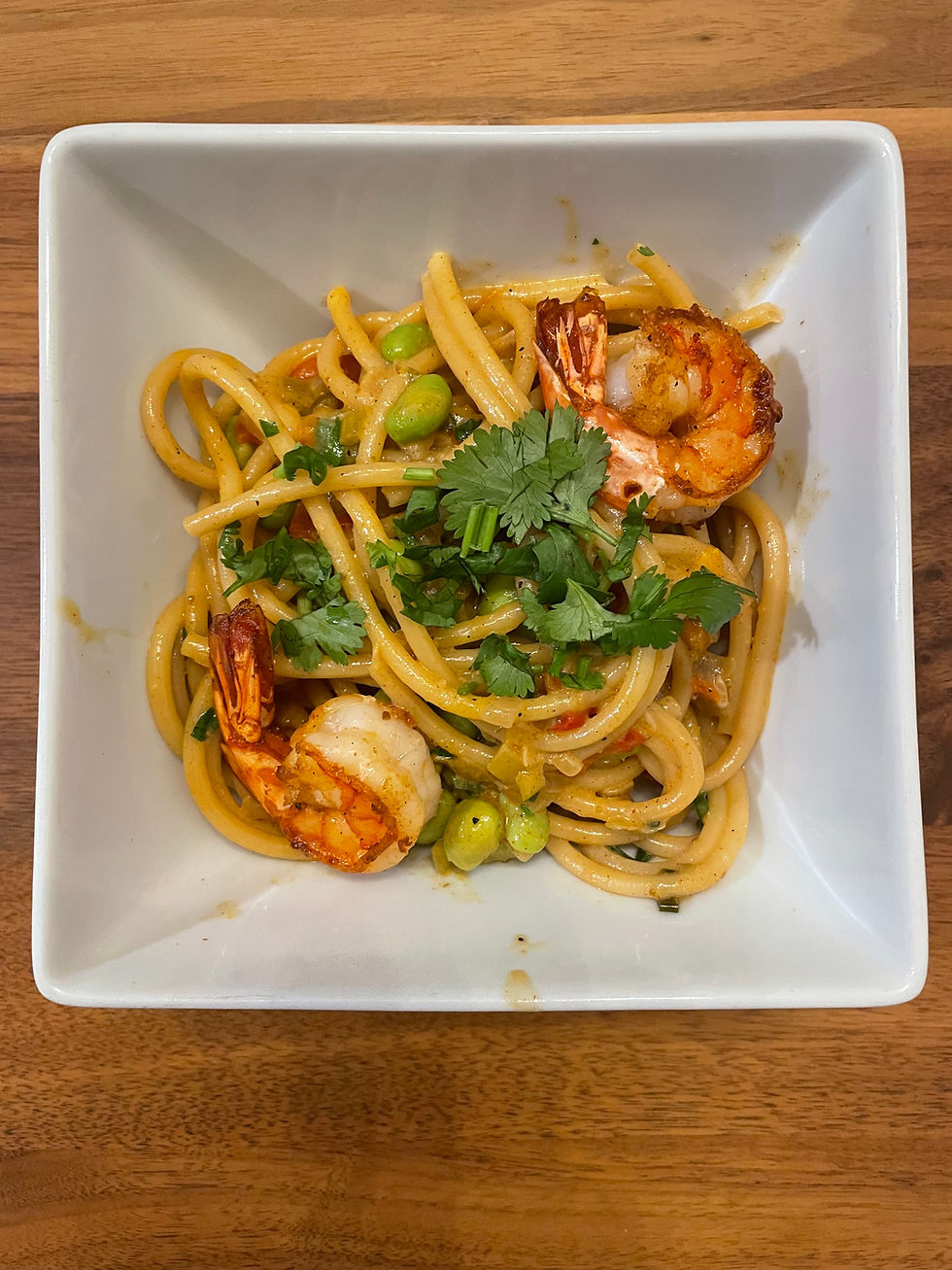 Shrimp pasta seasoned with an all purpose spice blend