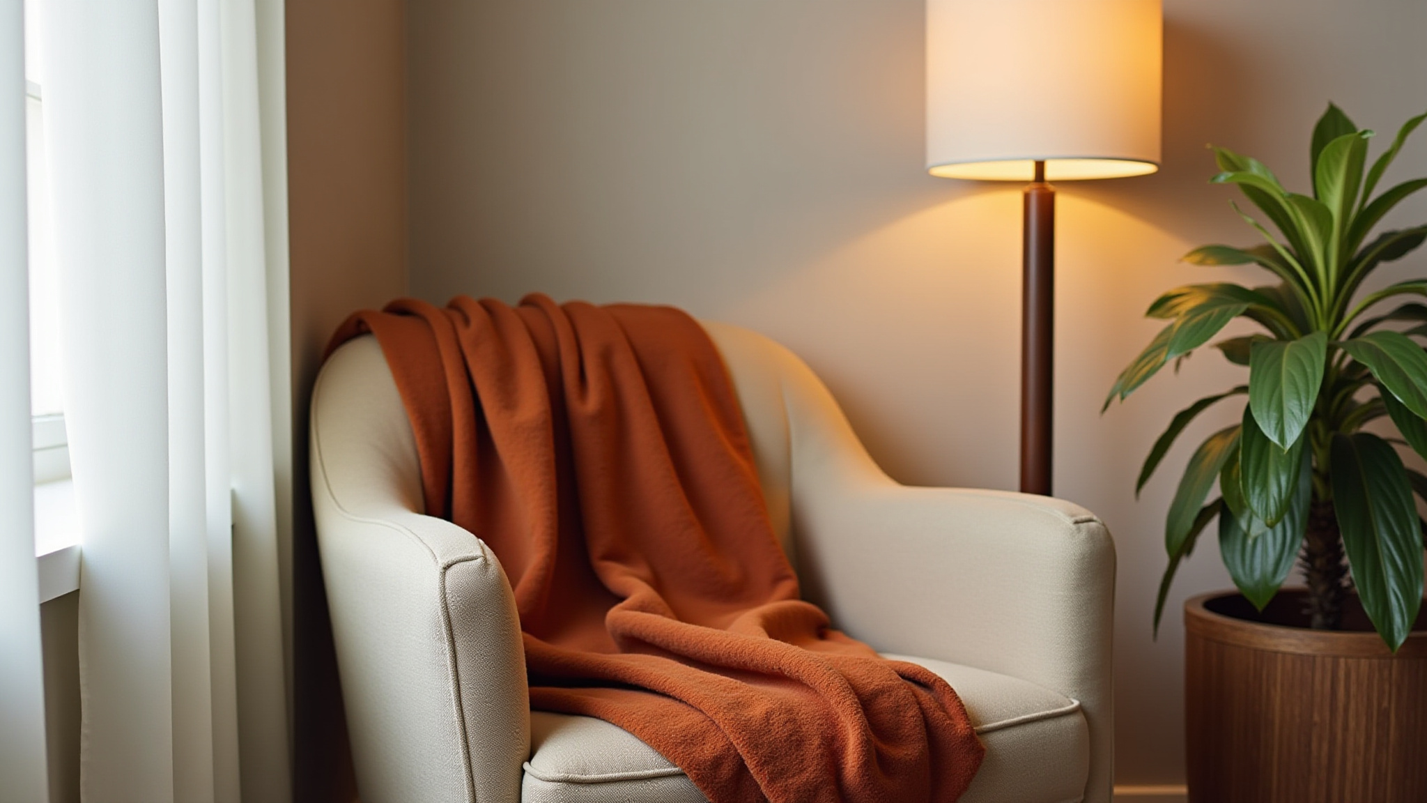 Orange blanket draped over a white chair next to a lit lamp.