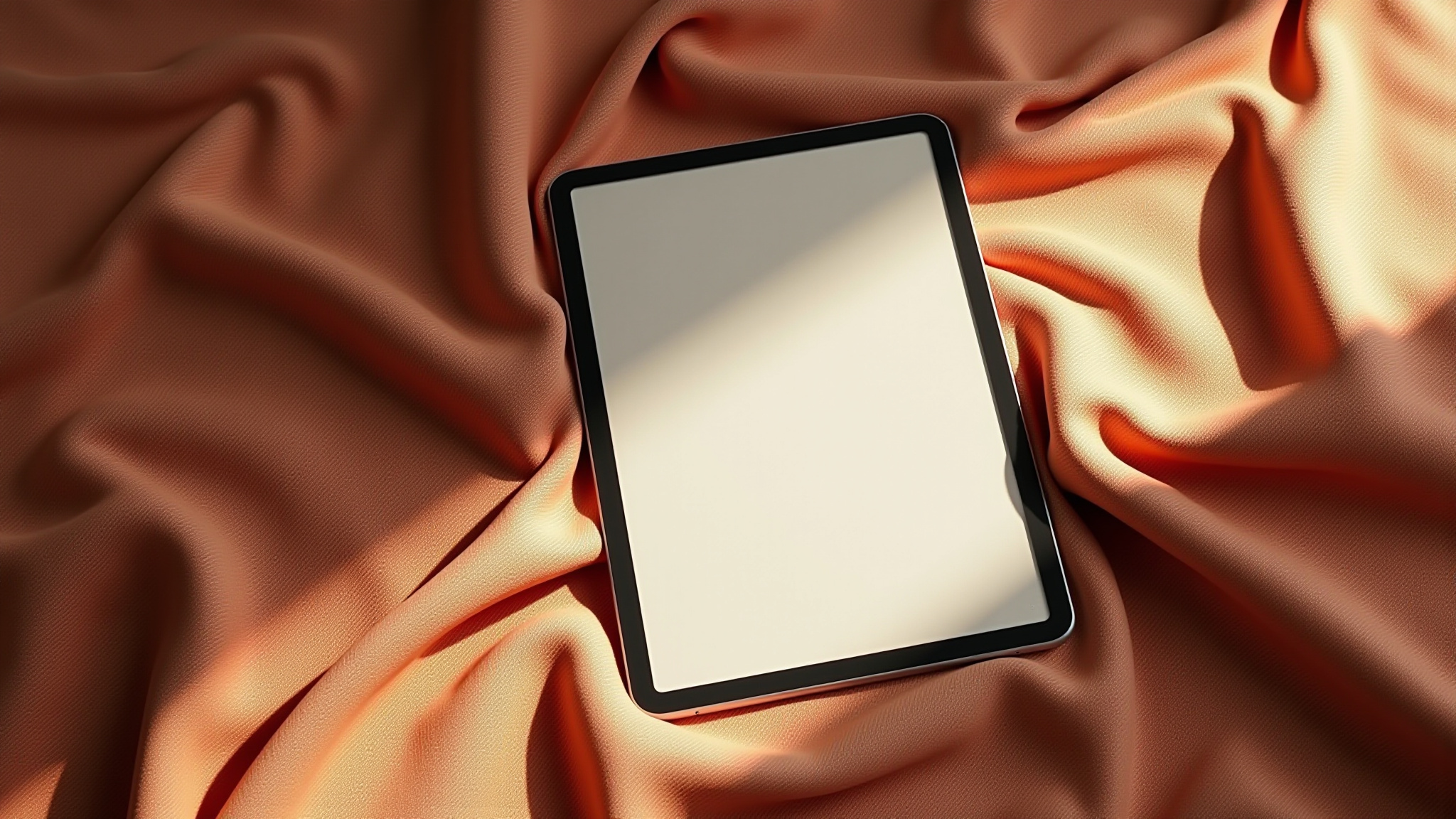 Tablet with blank screen on peach silk fabric, Calmmindguide.