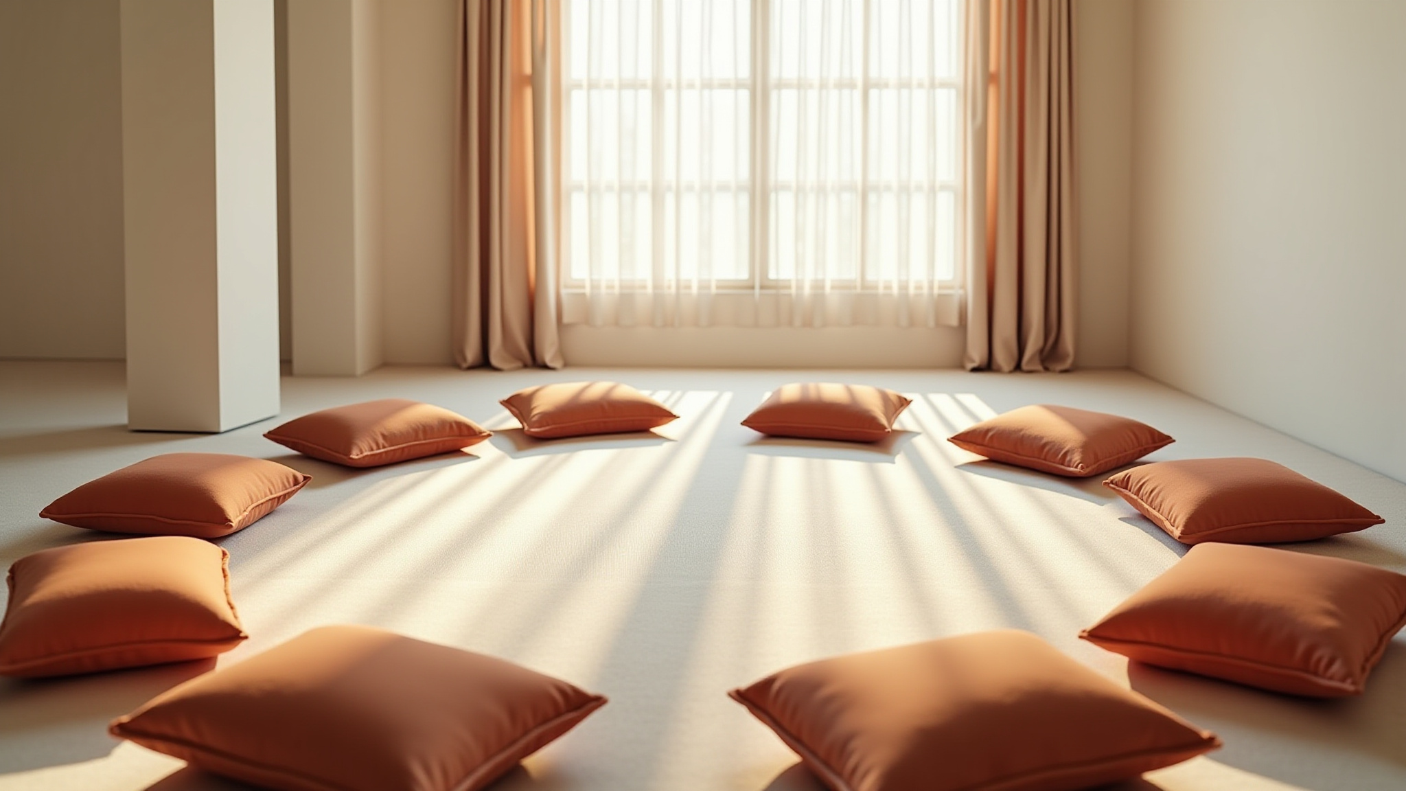 Orange cushions circle a bright room, light shines through window, Calmmindguide.