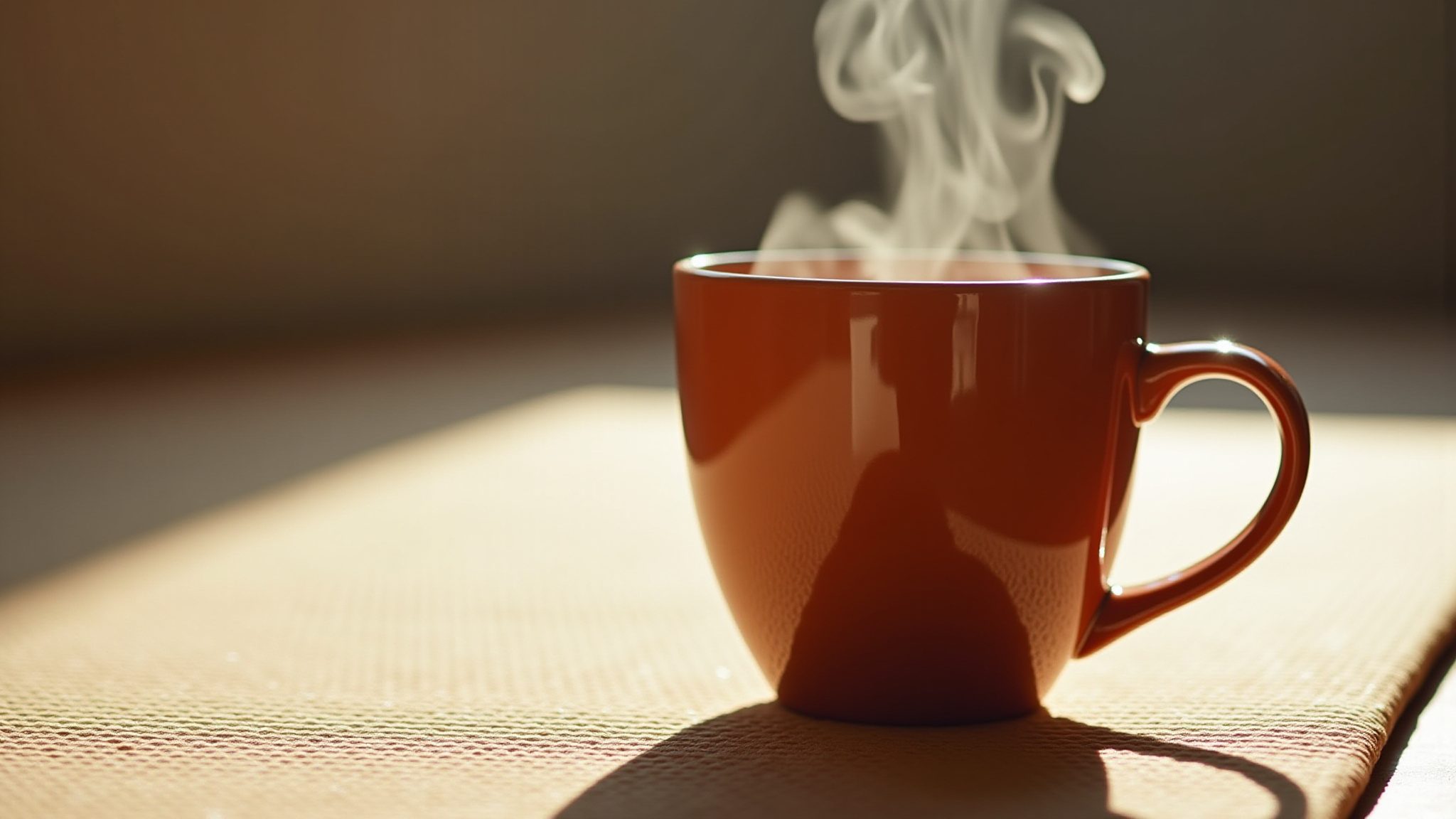 Steaming orange coffee cup in sunlight. Warm drink on a table.