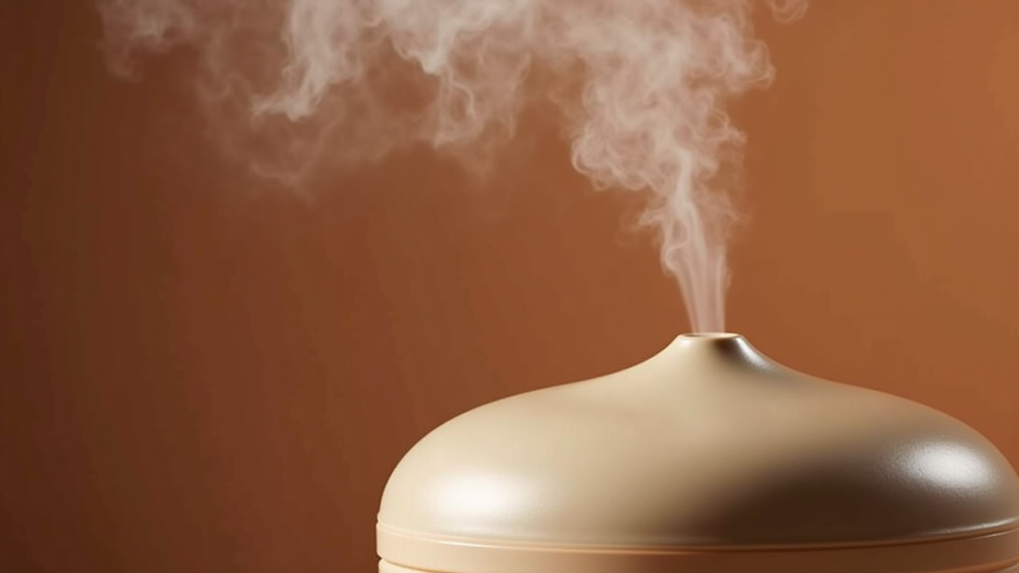 White-colored essential oil diffuser with steam; brown background. Calmmindguide.