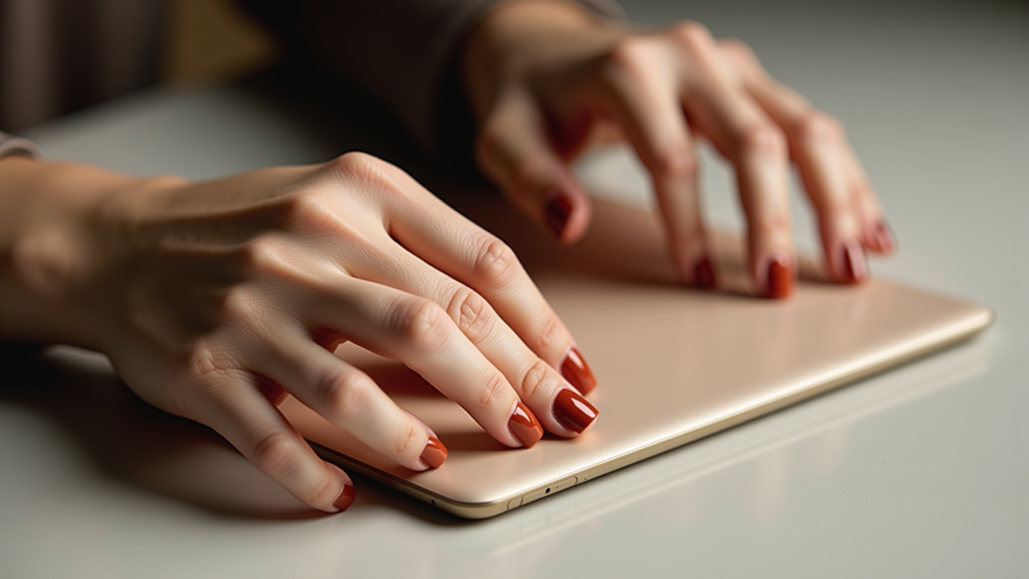 Woman's hands typing on a tablet, close-up shot, working on a desk Calmmindguide