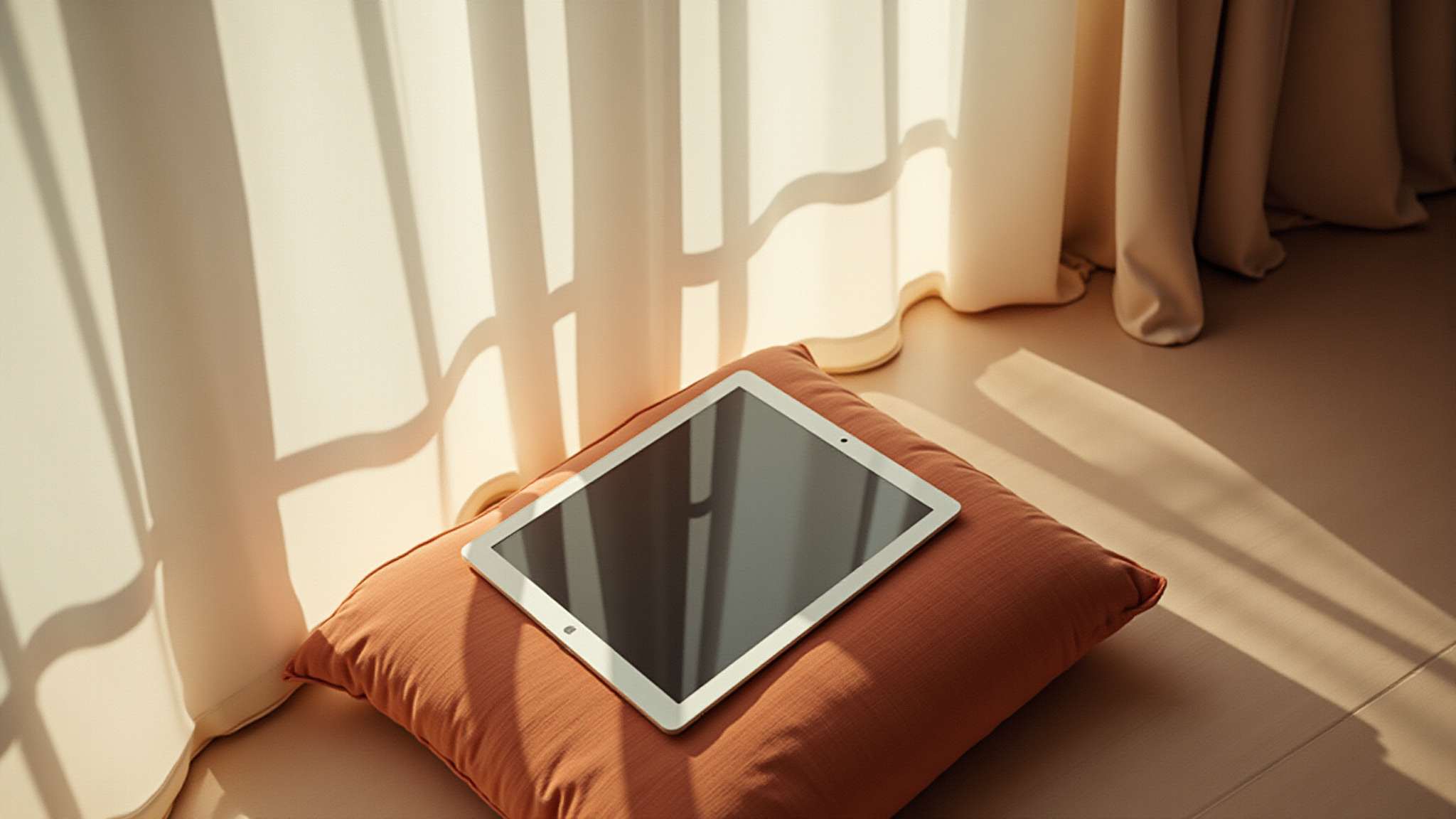 White tablet rests on a brown pillow near a window with sunlight.