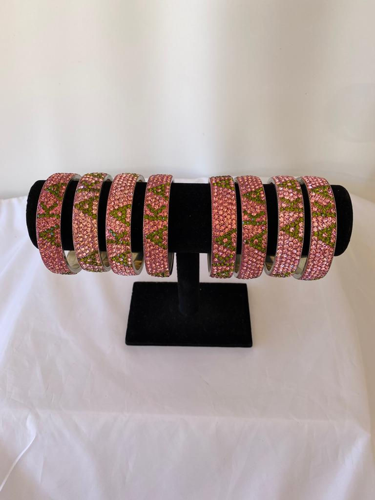 Thumbnail: Alpha Kappa Alpha (AKA) Pack of 2 Rhinestone Bangle/ Bracelet- Pink & Green