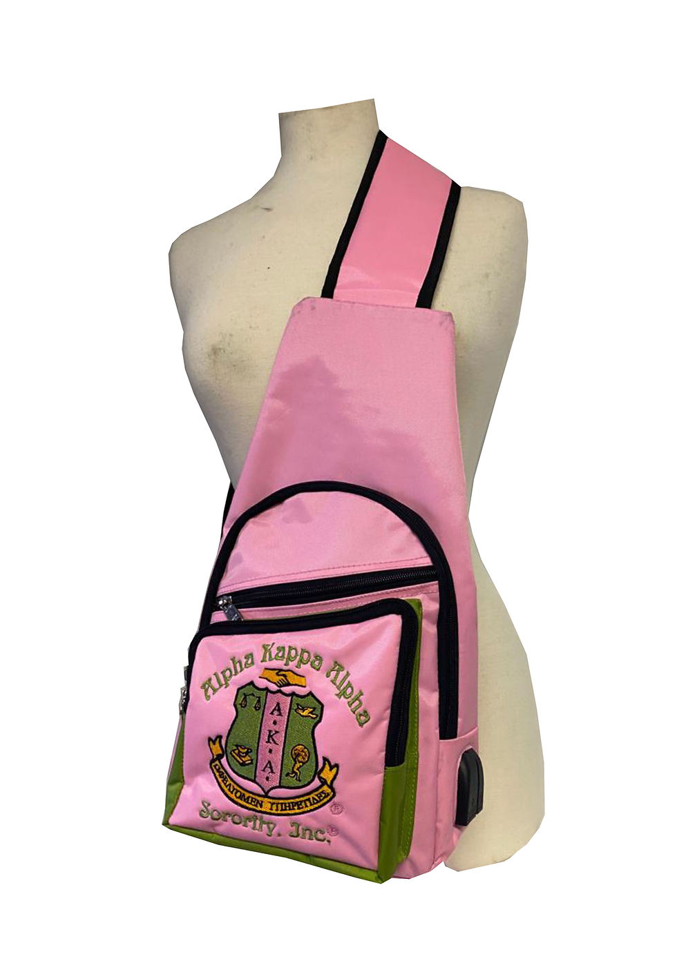 Thumbnail: Alpha Kappa Alpha Pink&Green Shoulder Crossbody Sling/Shoulder bag with USB Port