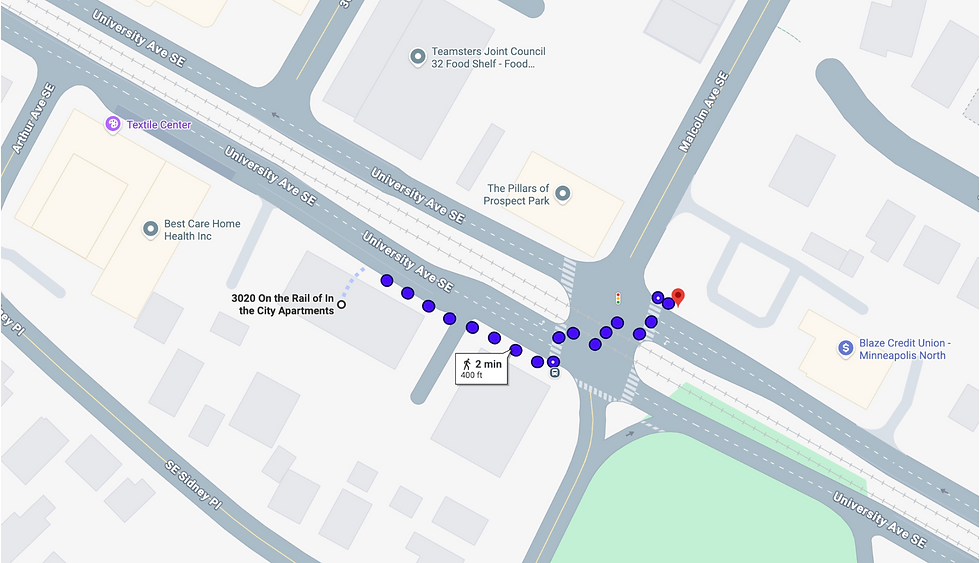 Map of 3020 On the Rail to public transit distance.