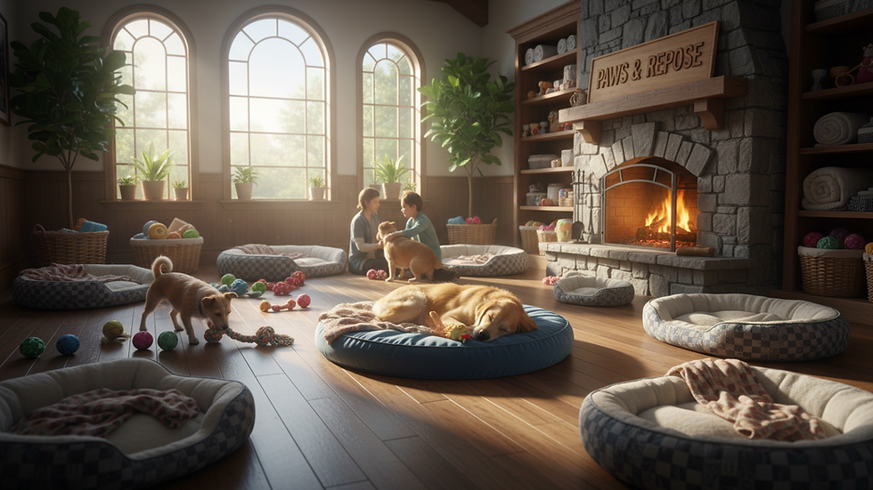 Eye-level view of a cozy dog shelter with beds and toys