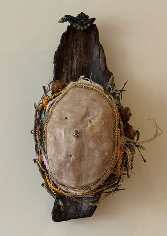 A paper maché mask which is sewn onto a bird's nest is mounted on driftwood.