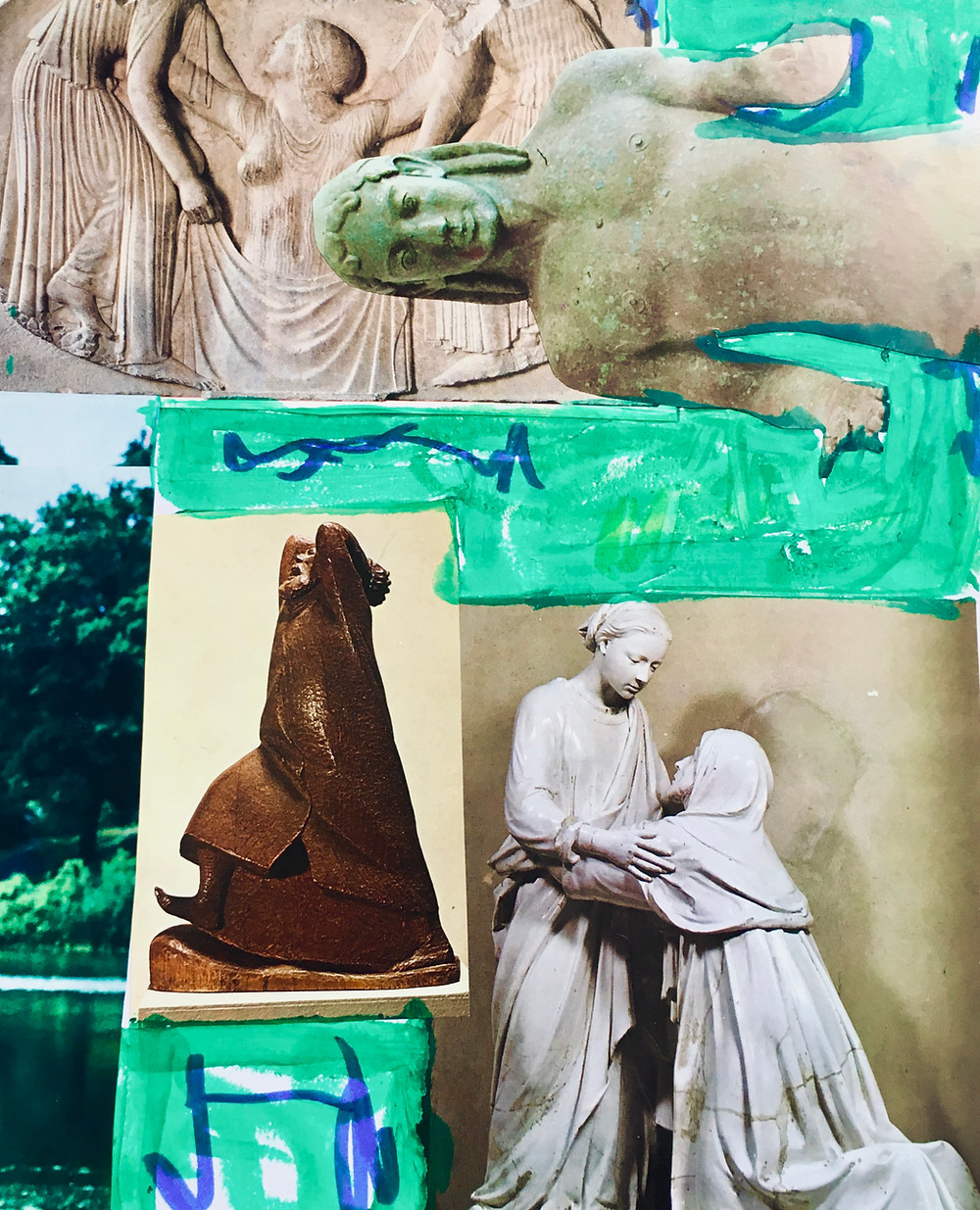 A collage of religious sculptures and painted background to depict the desire of being instantly healed.