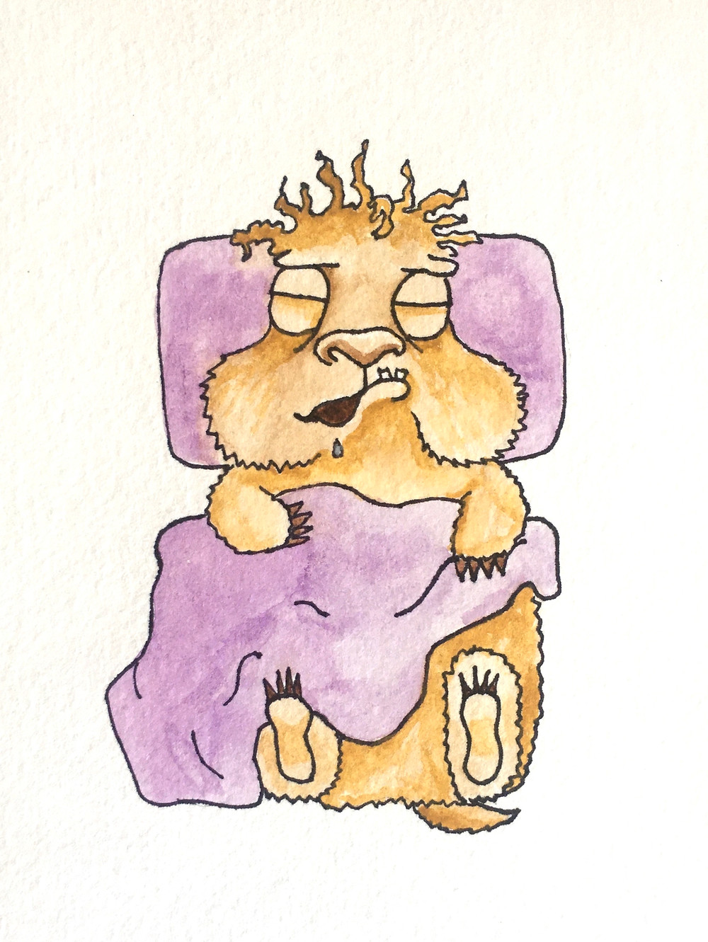A hamster sleeps on its back with a purple pillow and blanket.