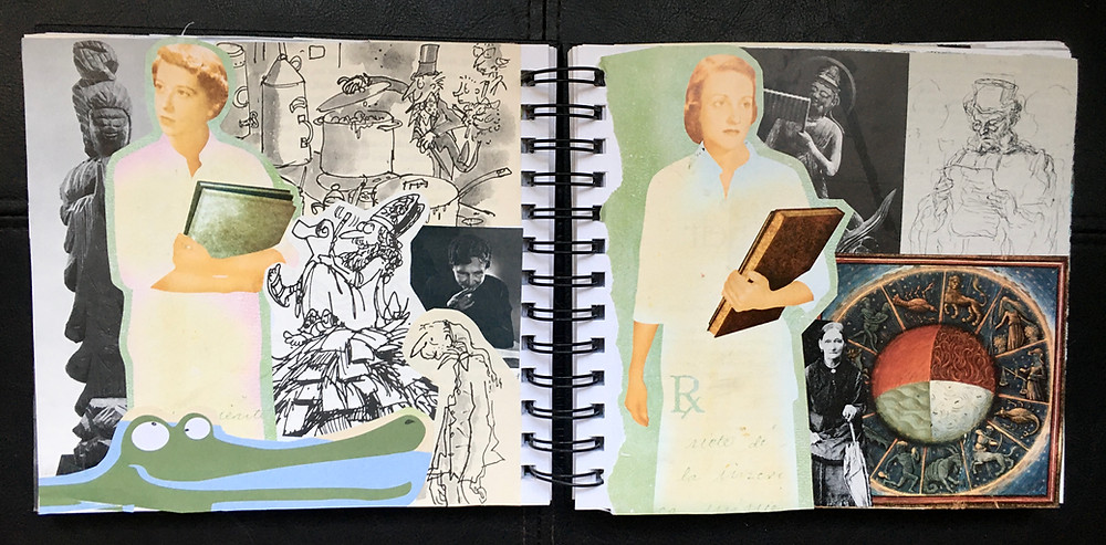 A picture of an open art notebook that contains two collages of people writing.