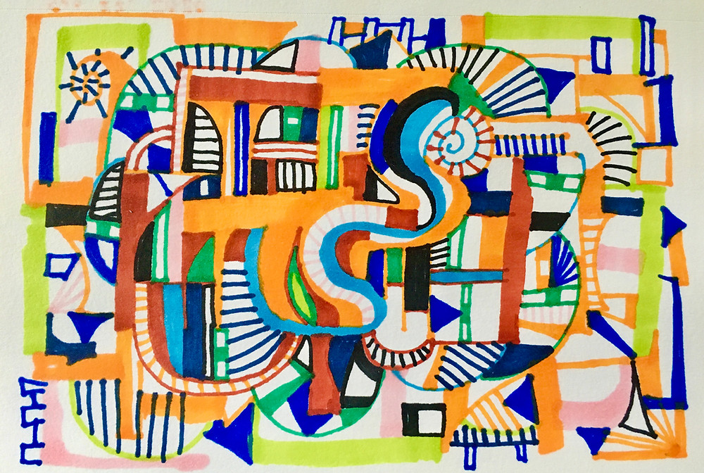 An abstract marker drawing of shapes going in multiple directions. It is full of the colors orange, green, blue, and purple.