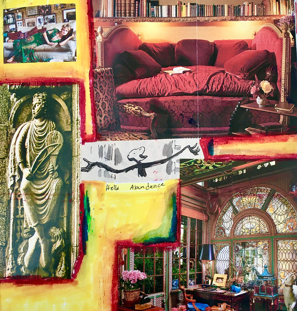 A mixed media collage that shows a red couch, a statue, a room with big windows, a woman lying on a couch, and a monkey saying, "Hello Abundance"
