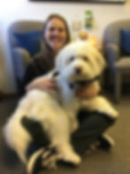 Art Therapist Jackie Schuld and Therapy Dog Egon. Egon attends therapy sessions with Jackie at her Tucson art therapy studio.