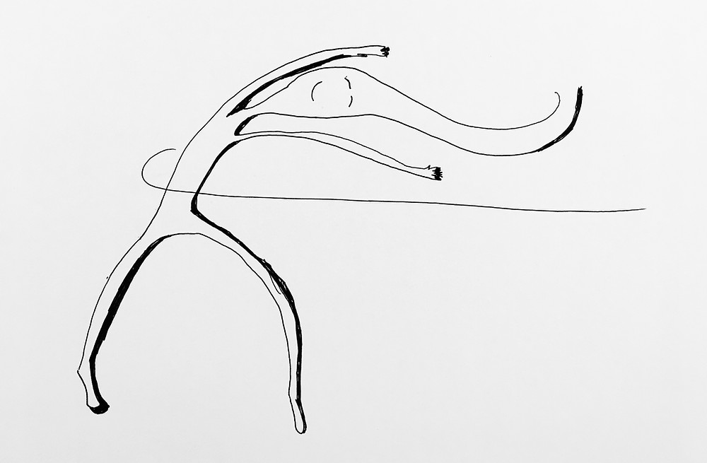 Black and white illustration of a cartoon character swaying to the right, as a loop is also wrapped around her and pulling her that way.