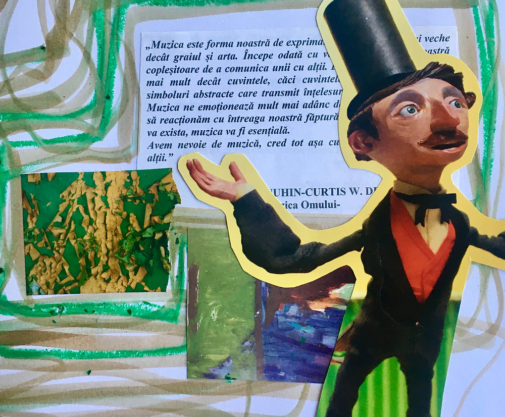 A mixed media collage of a man in a top hat with his arms up in question. Behind him is abstract art, scribbles, and a Romanian quote.