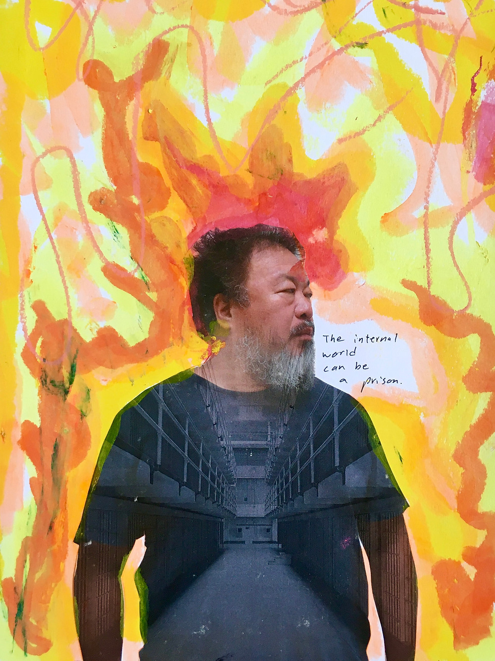 A mixed media collage with a man who has an image of a prison on his chest. Around him are flames of paint and the world "The internal world can be a prison." This mixed media collage was create by art therapist Jackie Schuld.