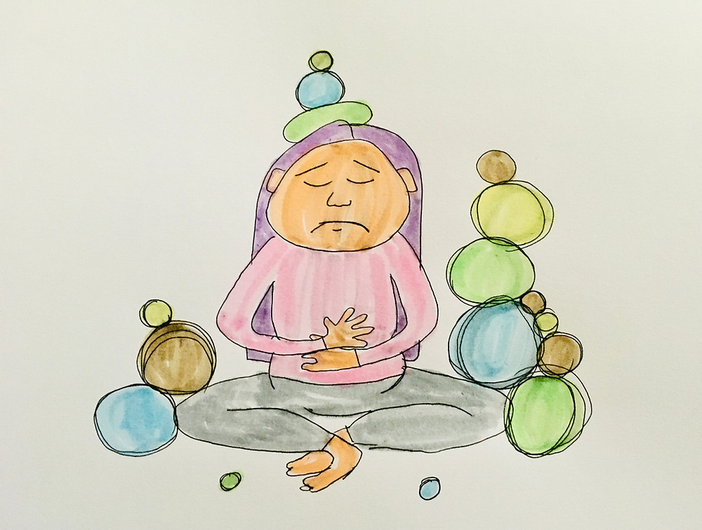 An illustration of a woman sitting on the ground with her hands over her stomach. There are balls amassing on her.