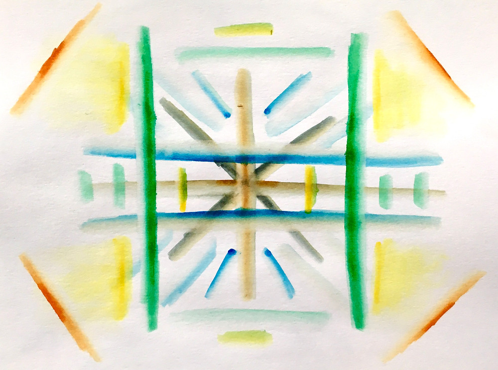 An abstract watercolor painting with yellow, green, red, and blue. It is like a mandala, with images emanating from the center.