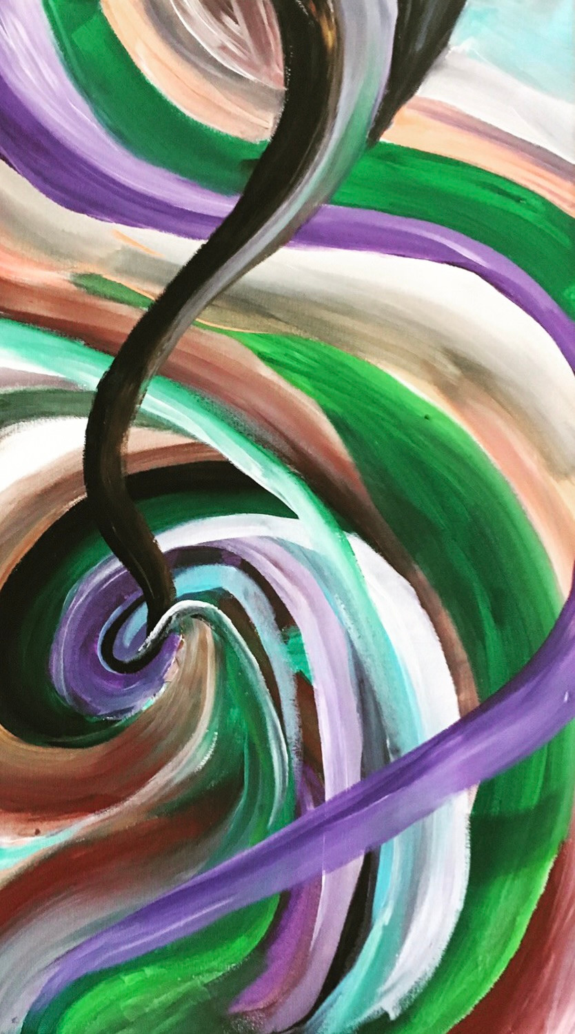 Autistic Art Therapist Jackie Schuld created an abstract painting of green, blue, brown, white, and black swirls that go in many directions, with some taking detours. Jackie Schuld made this piece in her Tucson Art Therapy Studio to illustrate how the autistic mind can take detours.