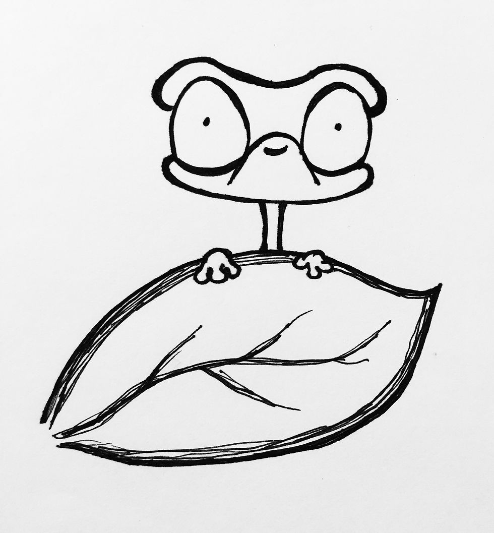 Autistic Art Therapist Jackie Schuld illustrates a gecko hiding behind a leaf.