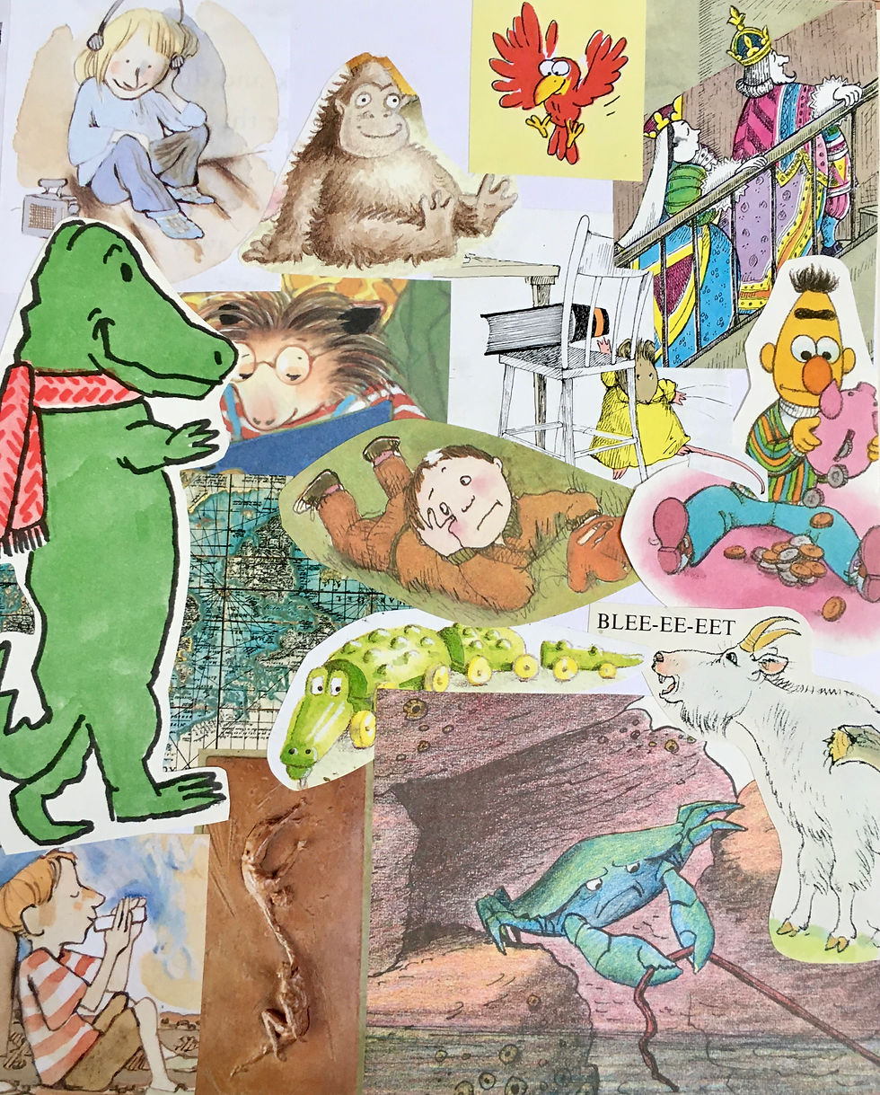 Autistic Art Therapist Jackie shares a collage of multiple creatures experiencing a wide range of emotions to reflect autistic characteristics