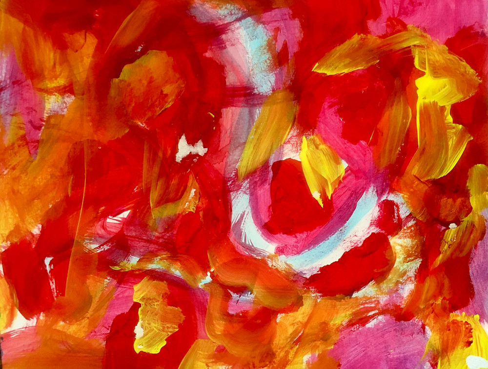 An abstract painting of red, yellow, and orange filling the entire page. This is a depiction of the storm of emotion by Art Therapist Jackie Schuld.