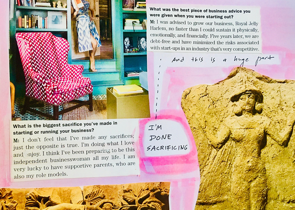 Mixed media collage to depict being "Done Sacrificing." It has two large quotes, a picture of a person in stone, and the words written "I'm Dong Sacrificing." Mixed media collage was created by art therapist Jackie Schuld.